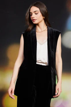 SKIES ARE BLUE Sleeveless Tops*Velvet Vest with Self Tie Black