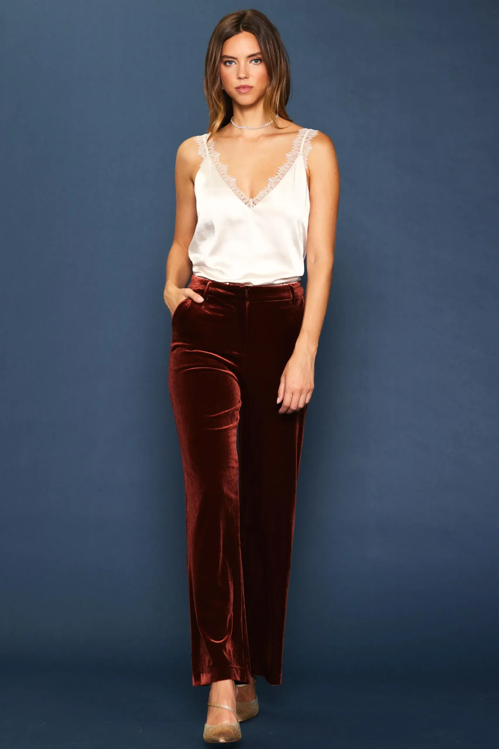 SKIES ARE BLUE Pants*Velvet Wide Leg Pants Amberrust