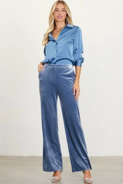 SKIES ARE BLUE Pants*Velvet Wide Leg Pants Dustyblue