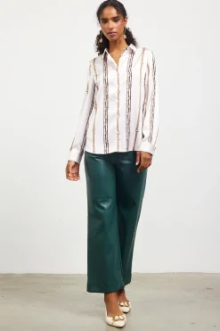 SKIES ARE BLUE Long Sleeve Tops*Vertical Stripe Satin Button Down Ivory-multi