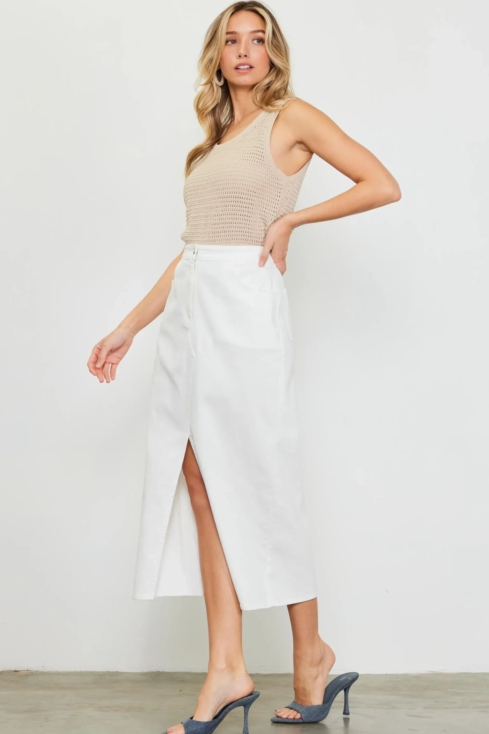 SKIES ARE BLUE Skirts*Washed Cotton Twill Midi Skirt White
