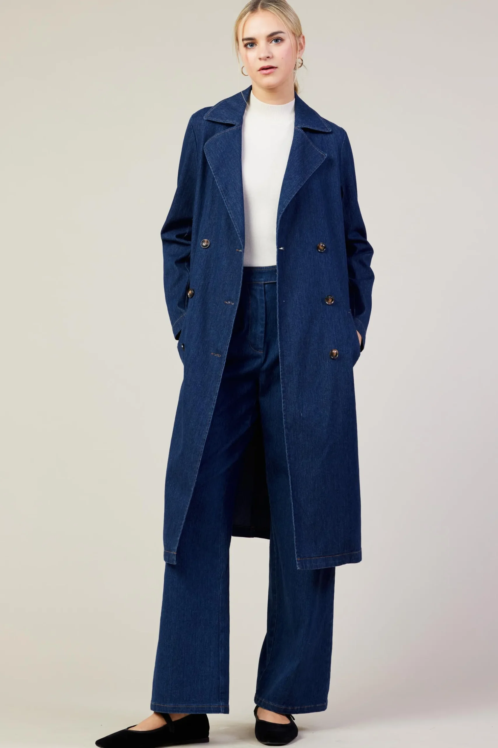 SKIES ARE BLUE Outerwear*Washed Denim Trench Coat Bluedenim