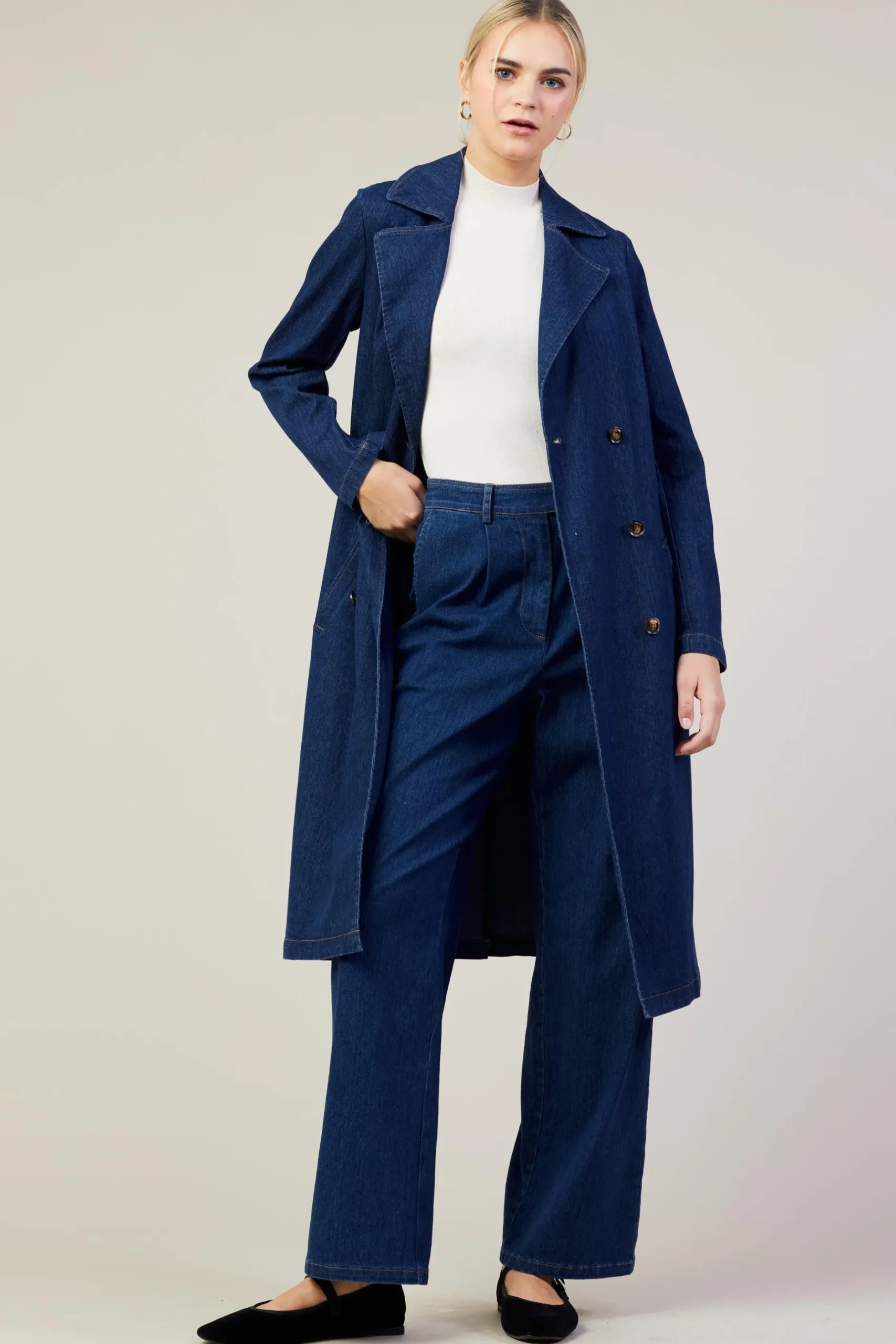 SKIES ARE BLUE Outerwear*Washed Denim Trench Coat Bluedenim