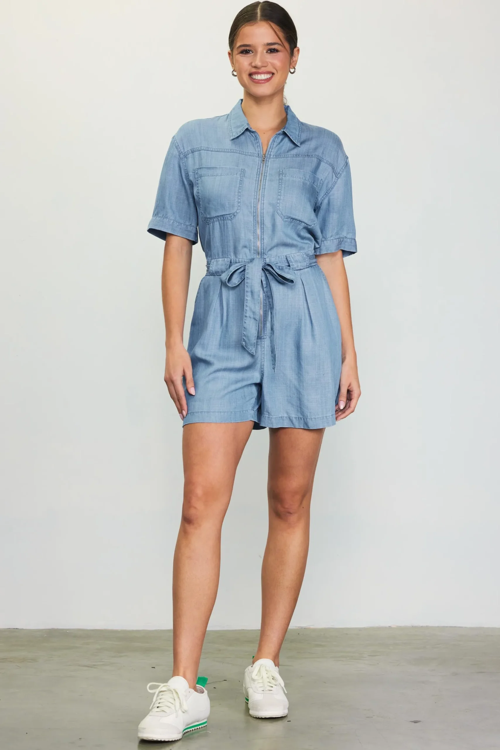 SKIES ARE BLUE Jumpsuits*Washed Tencel Shortsleeve Romper Chambray
