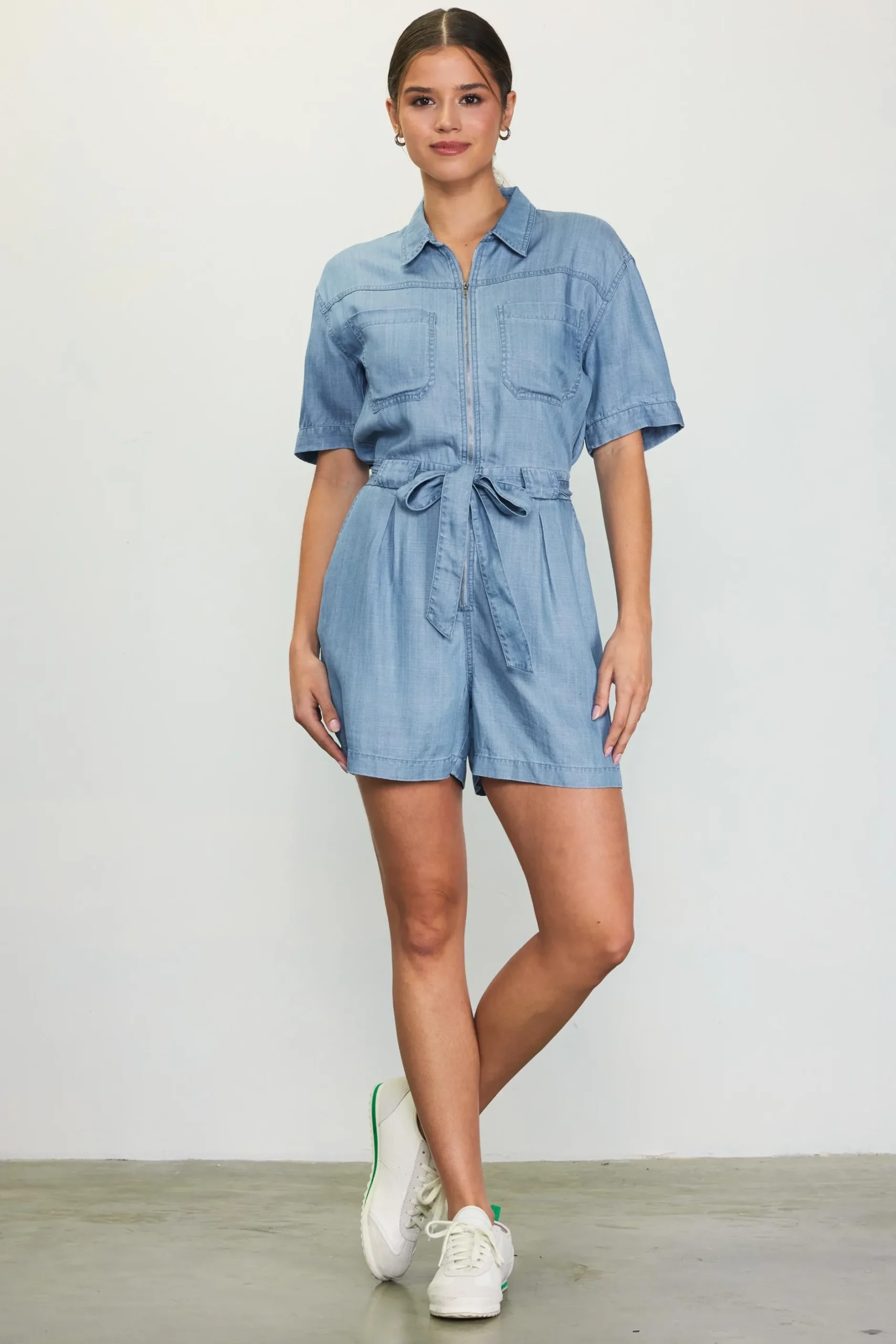 SKIES ARE BLUE Jumpsuits*Washed Tencel Shortsleeve Romper Chambray