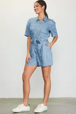 SKIES ARE BLUE Jumpsuits*Washed Tencel Shortsleeve Romper Chambray