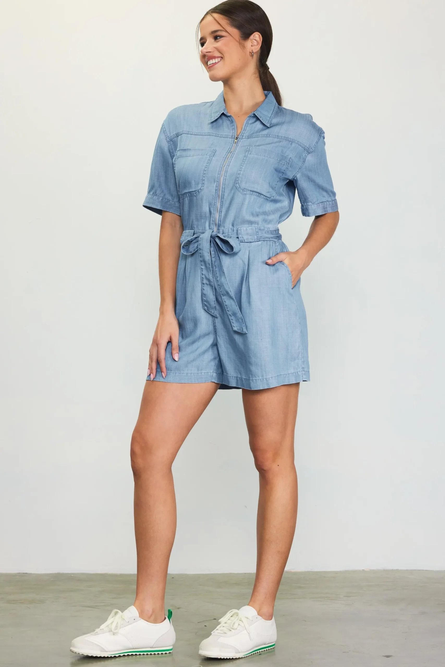 SKIES ARE BLUE Jumpsuits*Washed Tencel Shortsleeve Romper Chambray
