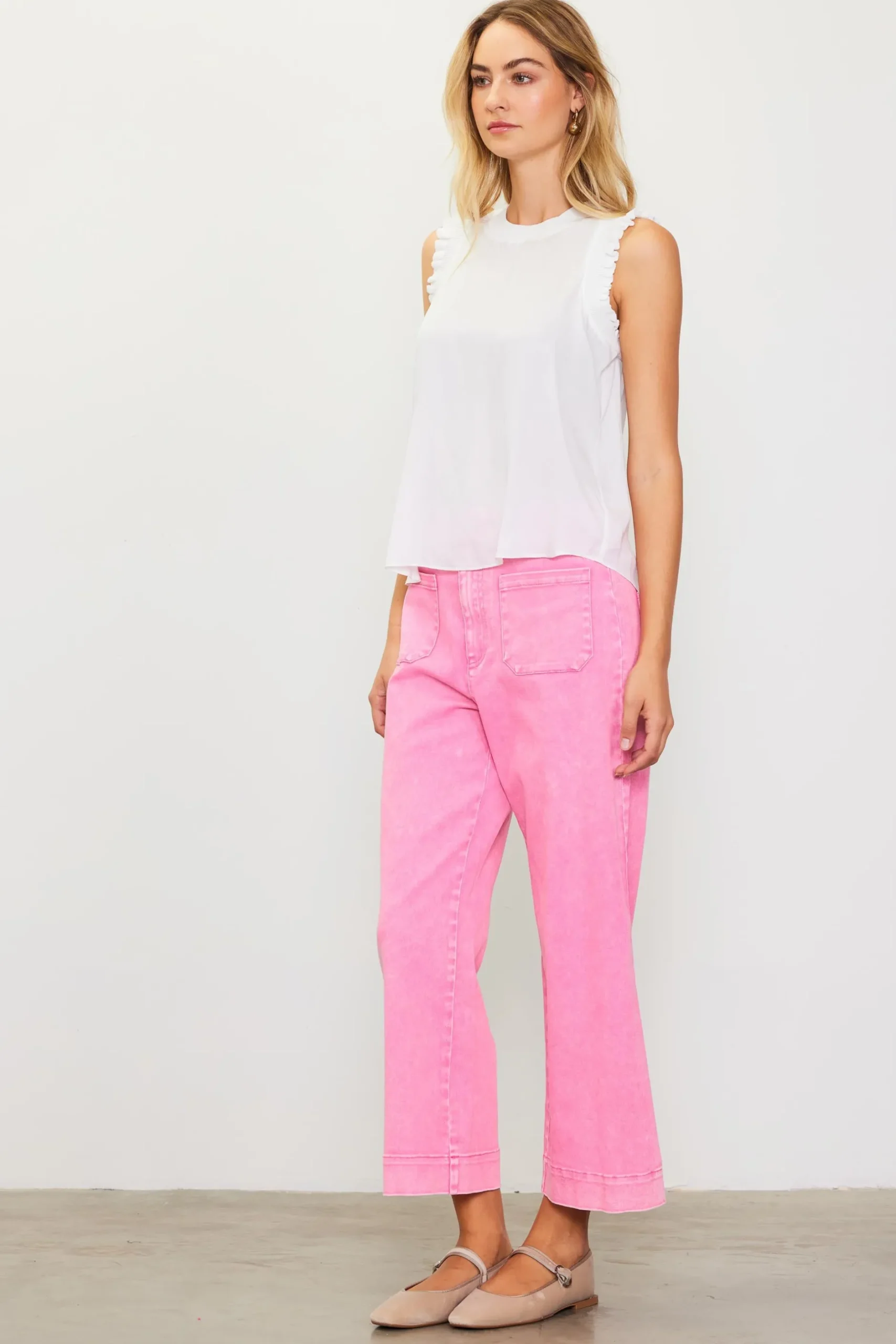 SKIES ARE BLUE Pants*Washed Twill Wide Leg Pants Pink
